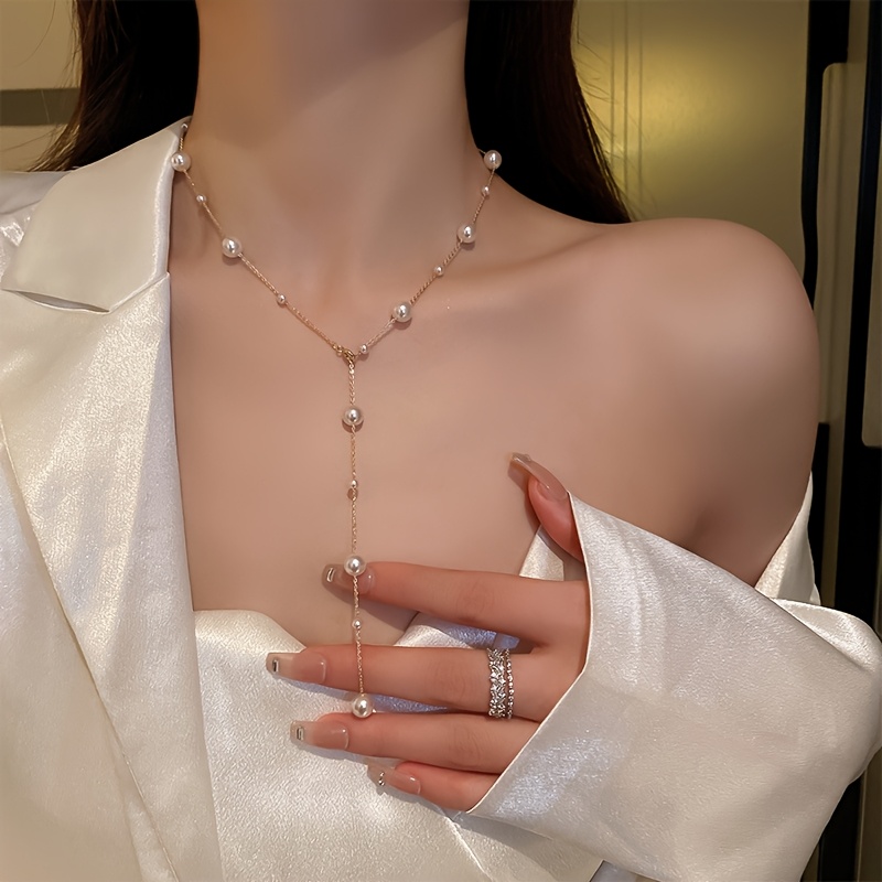 Women's Luxurious Long Imitation Pearl Necklace, Elegant Design